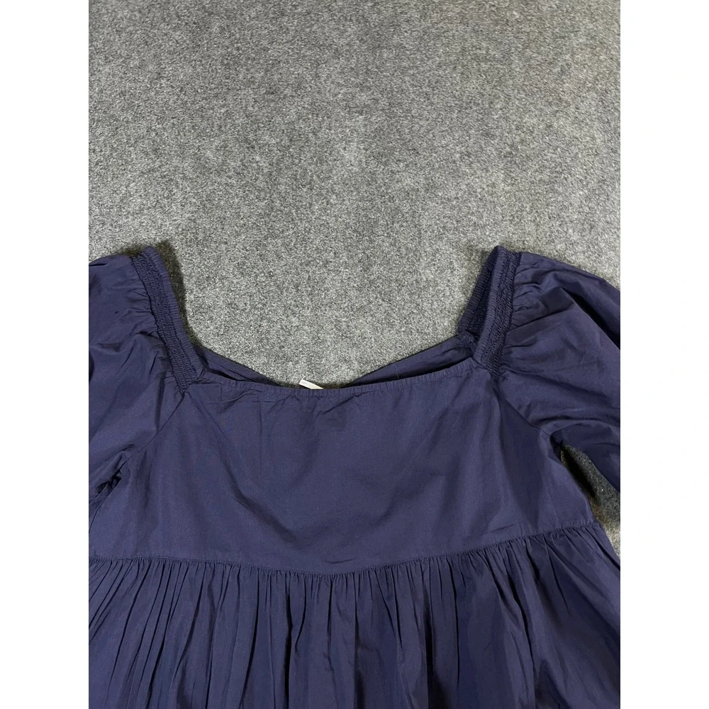 Free People Navy Blue Cotton Puff Sleeve Babydoll Blouse Top Large